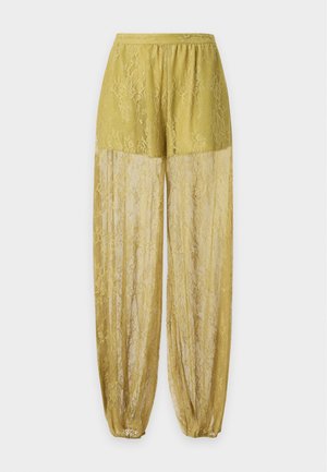 Lichtgele kanten broek met elastische taille en manchetten, met een doorschijnend onderste gedeelte en een effen bovenste gedeelte.