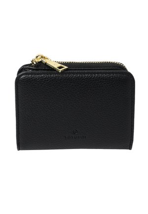 Black leather wallet with a textured surface, gold zipper hardware, and embossed brand logo on the front. Compact, rectangular shape.
