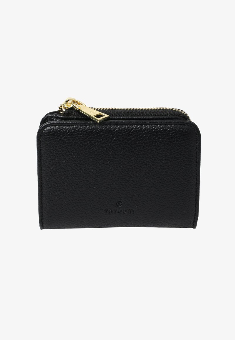 Black leather wallet with a textured surface, gold zipper hardware, and embossed brand logo on the front. Compact, rectangular shape.