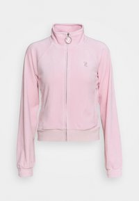 Rosa zip-up jacka i mjukt material, med hög krage, elastiska manschetter och en liten logotypdetalj på bröstet.
