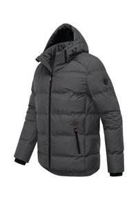 Grå puffjacka med huva, med en framzipper, två sidofickor och elastiska manschetter. Texturerad nyans med horisontella sömmar.