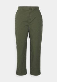 Olive green cropped pants made of cotton fabric with a smooth texture. Features a flat front, belt loops, and hemmed cuffs.