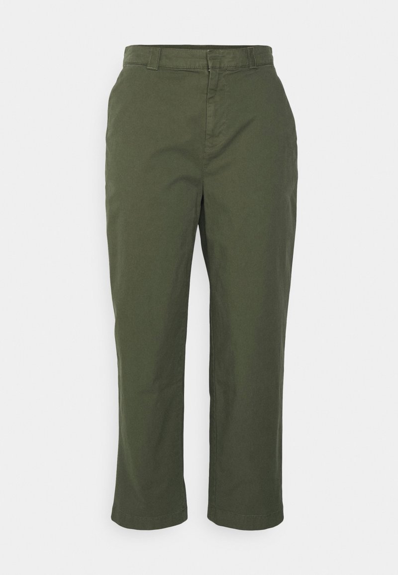 Olive green cropped pants made of cotton fabric with a smooth texture. Features a flat front, belt loops, and hemmed cuffs.