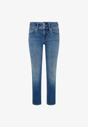 Heledad denim püksid, sirge lõikega, viie tasku disainiga ja kahest nupust sulgumisega, veidi kulunud tekstuuriga.