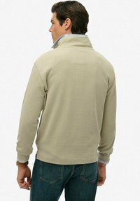 Beżowy polarowy sweter z wysokim kołnierzem. Charakteryzuje się niebieskim wewnętrznym kołnierzem i prostym wzorem. Noszony z niebieskimi dżinsami, widok z tyłu.