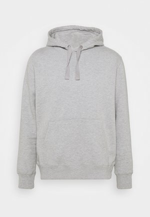 Hellgrauer Hoodie aus weichem Stoff, mit einer Fronttasche, Kordelzügen sowie gerippten Bündchen und Saum. Einfaches Design ohne Muster.