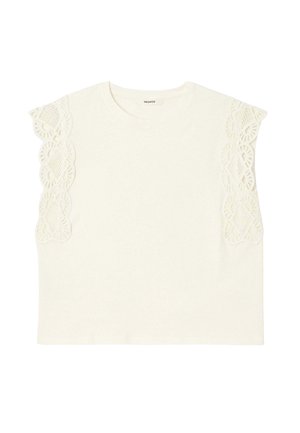 Haut à manches courtes de couleur crème avec des détails en dentelle sur les épaules, encolure ronde et tissu doux et lisse. Coupe décontractée.