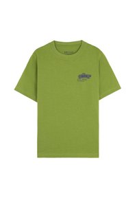 Camiseta de algodón verde con mangas cortas, cuello redondo, que presenta un gráfico azul de un camión en el pecho. Textura suave, corte casual.