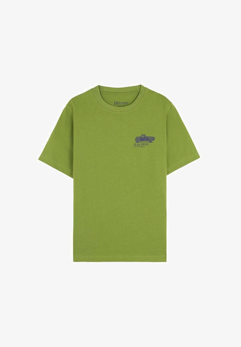 Grünes Baumwoll-T-Shirt mit kurzen Ärmeln und Rundhalsausschnitt, mit einem blauen Grafikdruck eines Lastwagens auf der Brust. Glatte Textur, lässige Passform.