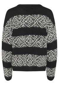 Črno-bela pletena jopica z geometrijskim vzorcem in vodoravnimi črtami. Mehka tekstura, okroglo izrezovanje in dolgi rokavi.