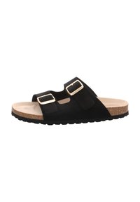 Schwarze Wildleder-Sandale mit zwei verstellbaren Schnallen, einem Korkfußbett und einer strukturierten Gummisohle. Offene Zehenkonstruktion für zusätzlichen Komfort.