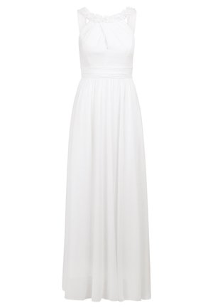 Weißes Maxikleid mit einer taillierten Oberteil, plissiertem Stoff und Rüschenausschnitt. Der Rock fließt mit elastischem Taillenband nach unten.