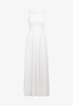 Witte maxi-jurk met een aansluitende top, geplooid materiaal en een ruches-halslijn. De rok valt soepel met een elastische tailleband.