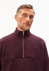 Bordeaux kwart-zip sweatshirt van zachte stof met een hoge kraag, met een tonale logo en platte naden langs de borst.