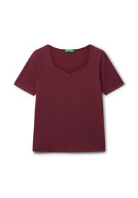 Burgundské tričko s krátkým rukávem a designem do V. Vyrobené z měkké tkaniny, má čistý, jednoduchý siluetu a rovný lem.