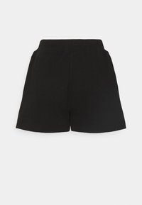 Shorts en coton noir à coupe décontractée, taille élastique, sans poches visibles. Design simple avec une texture lisse et des bords nets.