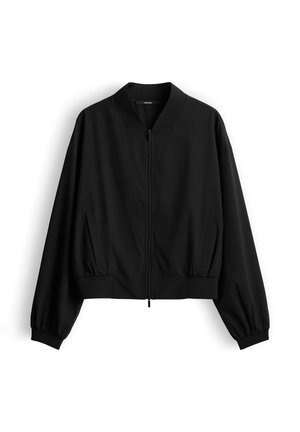 Blouson bomber noir avec fermeture éclair à l'avant, poignets et ceinture côtelés, deux poches latérales et un col simple, étalé à plat sur fond blanc.