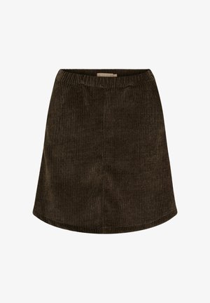 Brun mini-nederdel i kordfløjl med ribbet struktur, der har en elastisk talje og en let udvidet form. Slutter midt på låret.