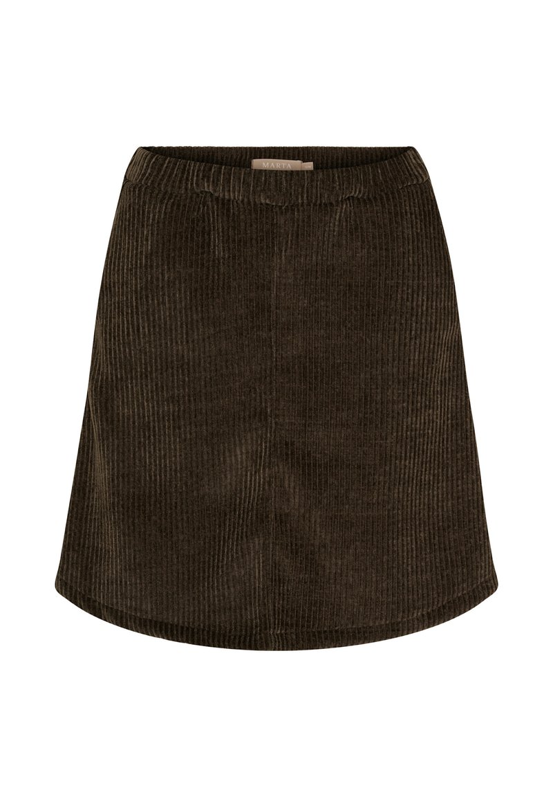 Brun mini-nederdel i kordfløjl med ribbet struktur, der har en elastisk talje og en let udvidet form. Slutter midt på låret.