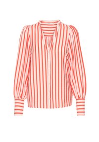 Blouse à rayures rouges et blanches avec un décolleté en V, des boutons sur le devant et de longues manches bouffantes avec des poignets rayés. Fabriquée en tissu léger.