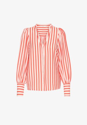 Blouse à rayures rouges et blanches avec un décolleté en V, des boutons sur le devant et de longues manches bouffantes avec des poignets rayés. Fabriquée en tissu léger.