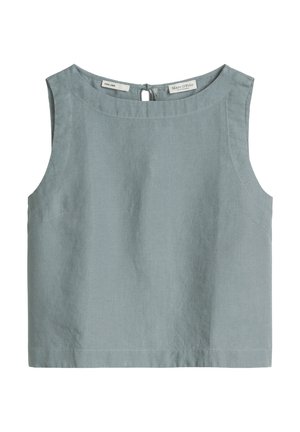 Ärmelloses hellblaues Leinen-Crop-Top mit rundem Ausschnitt und Knopfverschluss am Rücken.