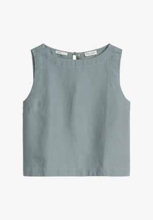 Mouwloos lichtblauw linnen crop top met ronde hals en een keyhole-knopsluiting aan de achterkant.
