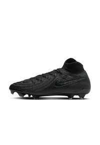 Scarpa da calcio nera con una parte superiore in rete testurizzata, collo alto e un logo Nike turquoise. Dotata di tacchetti neri per una migliore trazione.