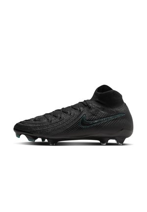 Sort fodboldstøvle med en tekstureret mesh-overdel, høj ankelkrave og en turkis Nike swoosh. Udstyret med sorte studs for godt greb.