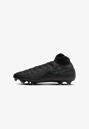 Scarpa da calcio nera con una parte superiore in rete testurizzata, collo alto e un logo Nike turquoise. Dotata di tacchetti neri per una migliore trazione.