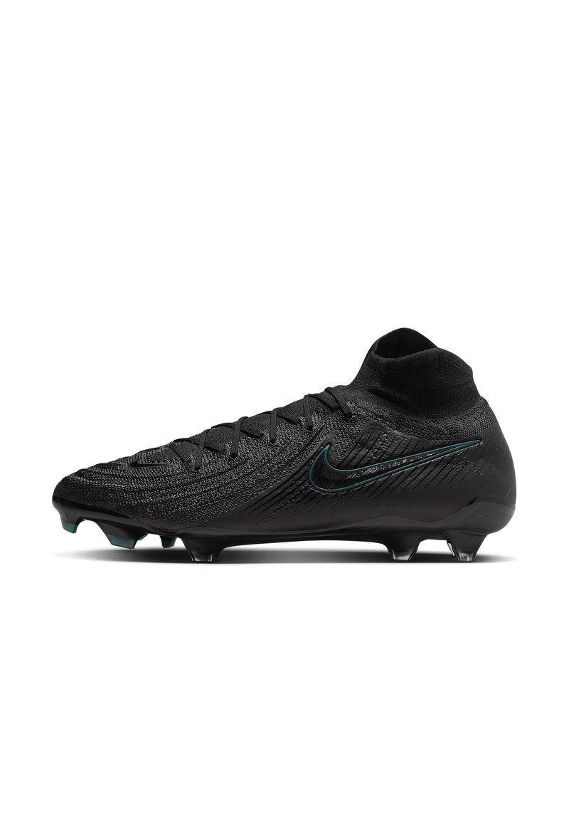 Scarpa da calcio nera con una parte superiore in rete testurizzata, collo alto e un logo Nike turquoise. Dotata di tacchetti neri per una migliore trazione.