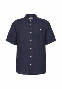 Kurzarm-Hemd mit Knopfleiste aus dunkelblauem Leinen, das eine Brusttasche und weiße Knöpfe aufweist, mit einem strukturierten Stoff und einem kragenartigen Ausschnitt.