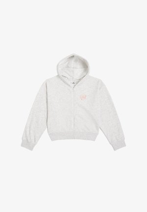 Szara, krótka hoodie z miękkiej bawełnianej mieszanki, z zamkiem z przodu, kapturem ze sznurkiem i różowym logo serca po lewej stronie klatki piersiowej.