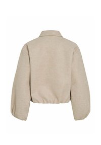 Bež krojena jakna s dugim napuhanih rukava, skupljenim elastičnim rubom i ovratnikom, prikazana s leđa na bijeloj pozadini.