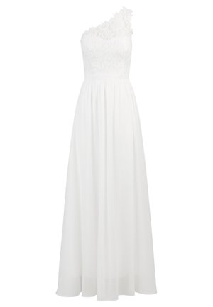 Witte off-shoulder jurk met een kant bodice en een vloeiende, lange rok. Bevat een gestructureerde stof en een geraffineerde taille-detail voor vorm.