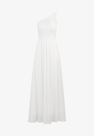 Abito bianco monospalla con corpetto in pizzo e gonna lunga e fluida. Presenta un tessuto texturizzato e un dettaglio in vita arricciato per dare forma.