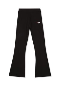 Pantaloni sportivi neri svasati con vita elastica e un piccolo logo Fila bianco. Realizzati in un tessuto morbido e elastico.