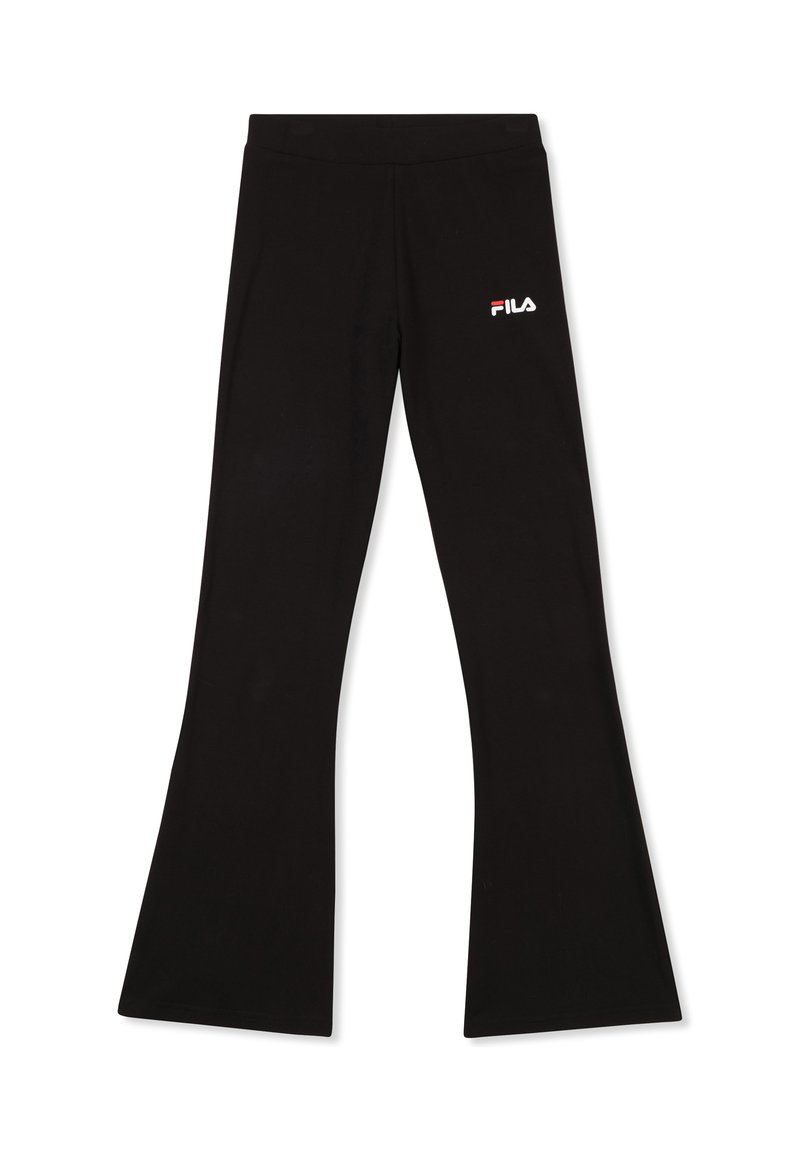 Pantaloni sportivi neri svasati con vita elastica e un piccolo logo Fila bianco. Realizzati in un tessuto morbido e elastico.