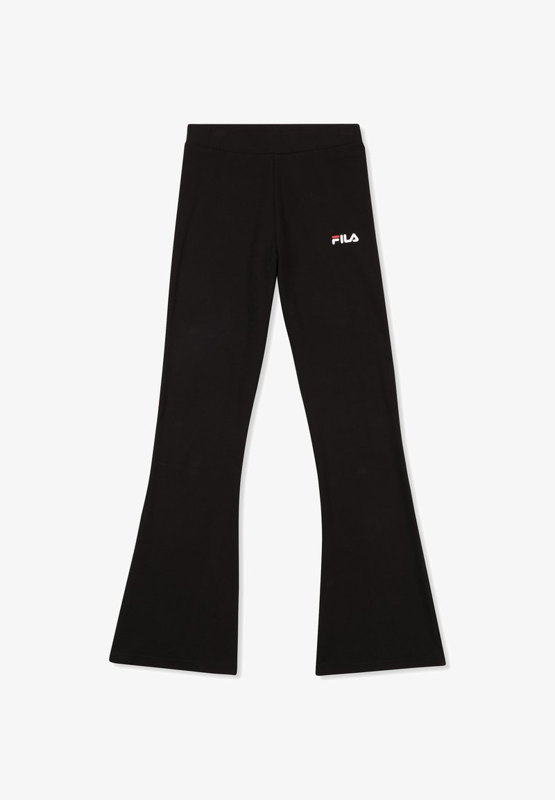 Svarta flare-träningsbyxor med resårmidja och en liten vit Fila-logotyp. Tillverkade av ett slätt, elastiskt tyg.