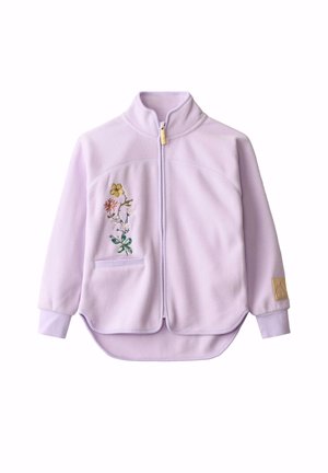 Lavendel fleecejakke med fuld lynlås foran, blomsterbroderi på venstre bryst, sidelomme og logopatch på venstre ærmekant.