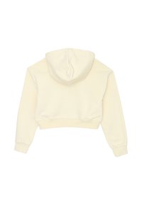 Hoodie accorciato di colore crema, realizzato in tessuto morbido. Presenta un cappuccio e maniche lunghe con polsini elastici. Texture liscia, senza motivi.
