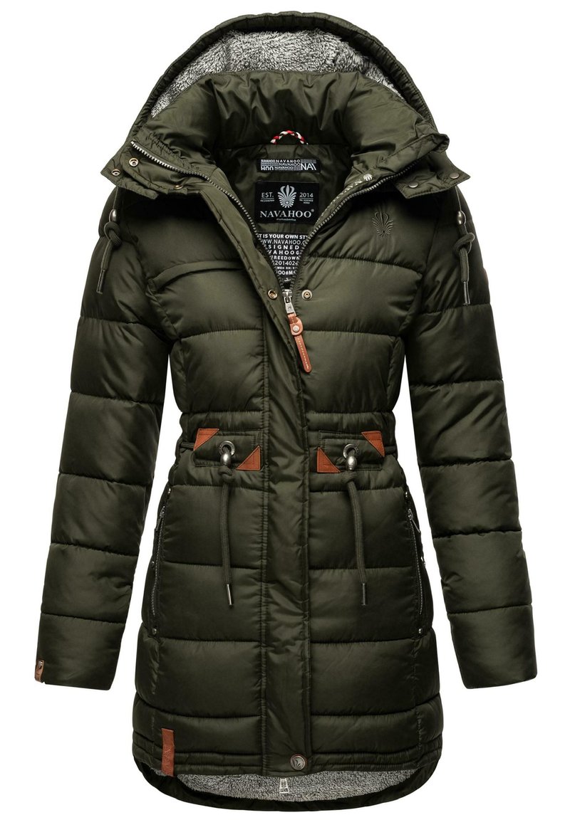 Dark green puffer jacket with quilted design, faux fur-lined hood, drawstring waist, and brown leather accents. Zipper and side pockets included.