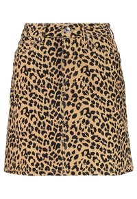 Leopardenmuster-Denimrock in Beige mit schwarzen Punkten, mit einer taillierten Taille, Fronttaschen und einem Knopfverschluss. Strukturierter Stoff.