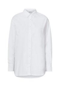 White long-sleeve shirt in cotton fabric, button-down front, standard collar, straight hem, and cuffed sleeves. No patterns or accents.