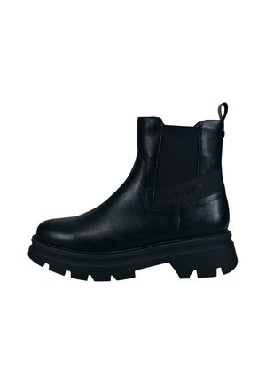 Schwarzer Lederknöchelstiefel mit massiver Gummisohle, elastischen Seitenteilen und Zuglasche hinten.