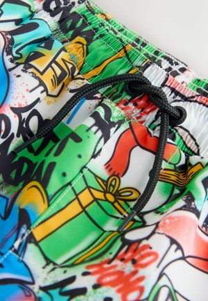 Badehose mit mehrfarbigem Graffiti-Print, elastischem Bund mit schwarzem Kordelzug und glattem, leichtem Stoff.