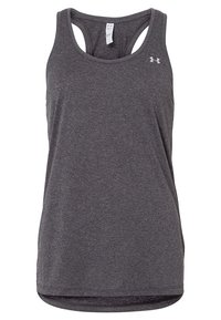 Débardeur de sport Under Armour gris foncé sans manches avec dos nageur, logo sur la poitrine gauche, affiché en vue de face.