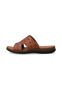 Bruine schuifsandaal van textuur materiaal met uitgesneden ontwerp, kurken tussenzool en rubberen outsole met groeven voor grip.