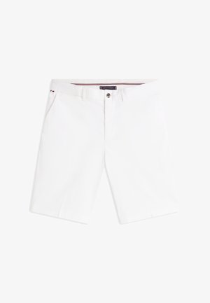 Shorts blancs en tissu mélangé coton, avec une coupe plate à l'avant, deux poches latérales et une poche arrière unique avec fermeture par bouton.