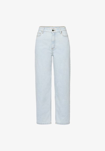 Lys blå høyt liv jeans, rett ben passform, laget av denim med subtil falming, har frontlommer og beltestropper.
